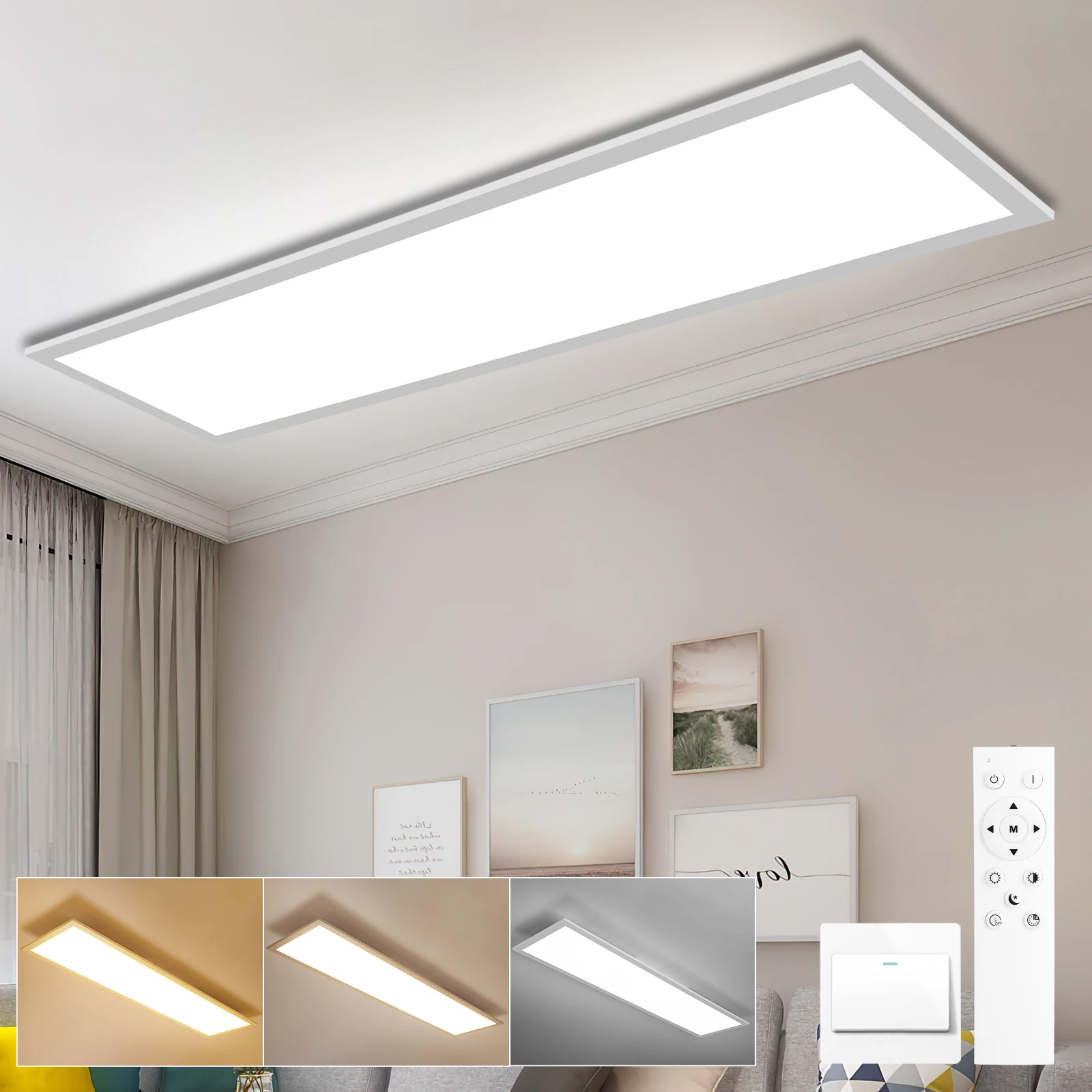 LED-Deckenleuchte 100x25cm 30W 3300LM, dimmbares CCT-Licht mit Fernbedienung, 3000K-6500K, Speicherfunktion für Wohnzimmer und Küche