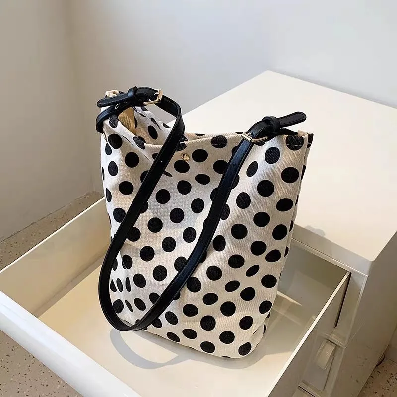 Women Canvas Bucket Bag Fashion Casual Tote Bag Underarm Shoulder Bag Versatile Student Crossbody Polka Dot Bags Large Capacity