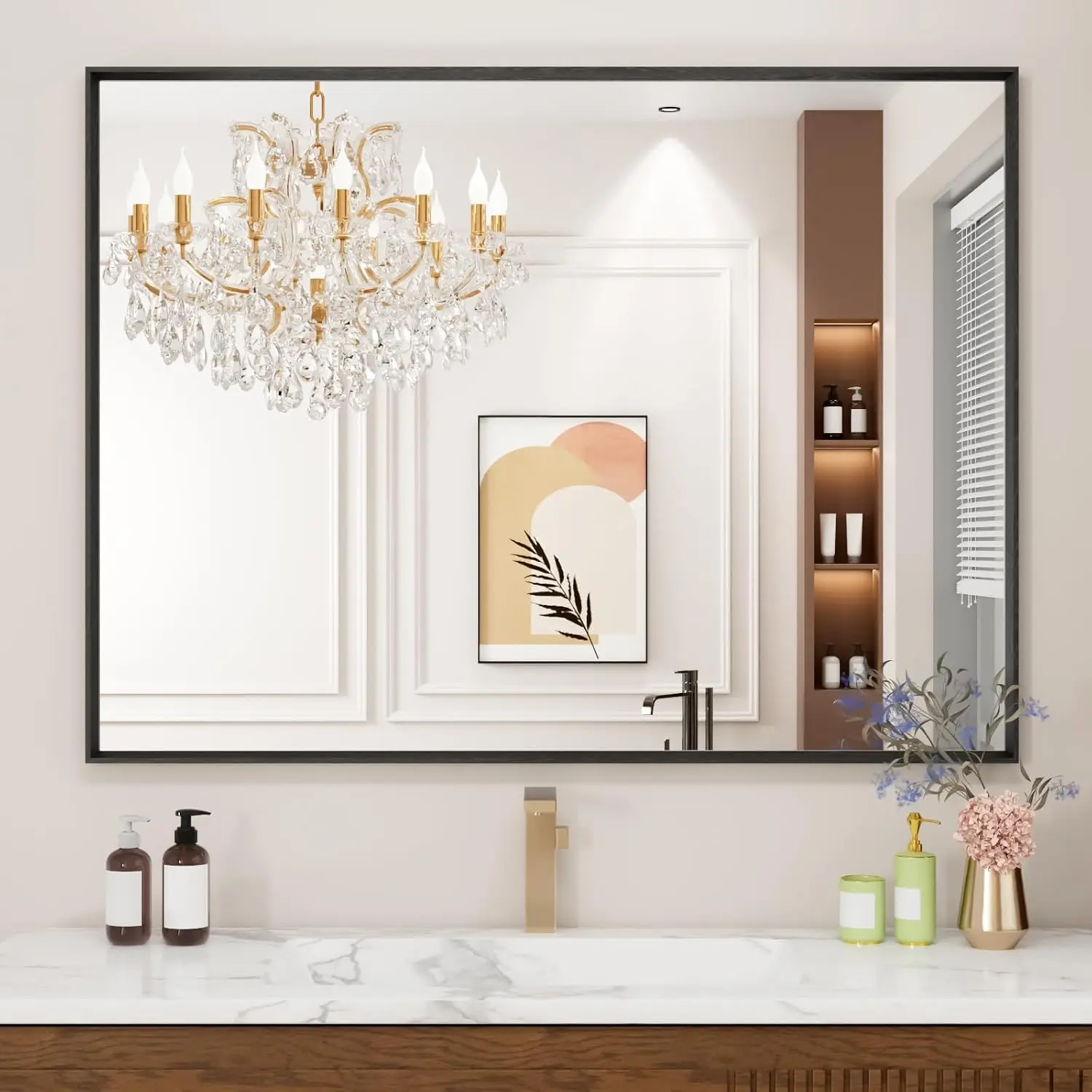 Wall Mounted Matte Black Framed 30 X 36 Inch Rectangular Bathroom Vanity Mirror Anti Rust Tempered Glass Horizontal Vertical