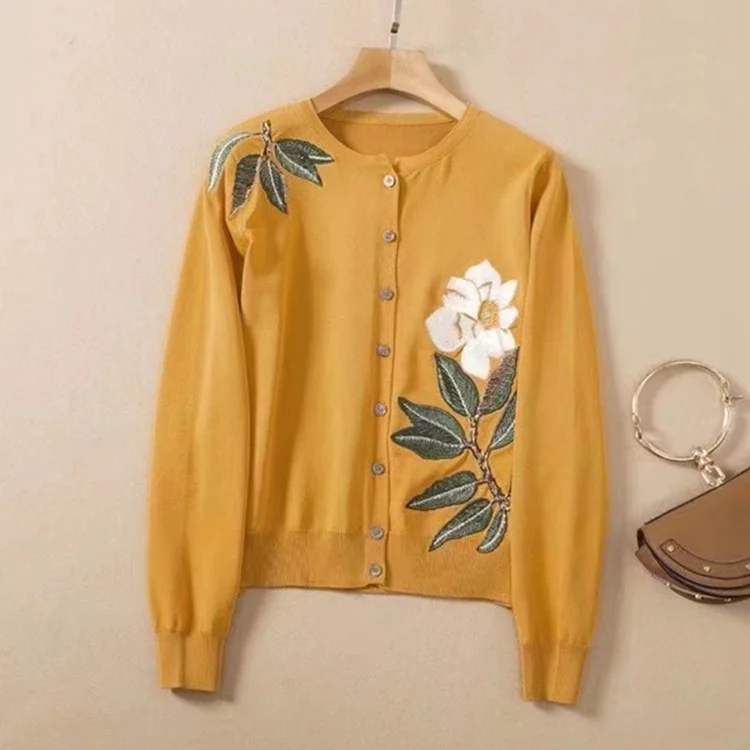 

European and American women's clothing winter 2022 new Long sleeve single breasted button flower embroidery Knitting cardigan