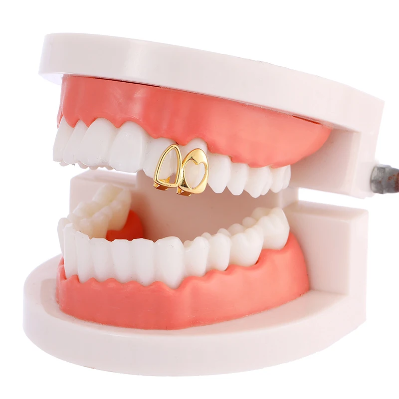 

1/2PCS Gold/Silver Color Daily Wearable Tooth Jewelry Dental Hip Hop Hollow Heart Tooth Grillz For Women