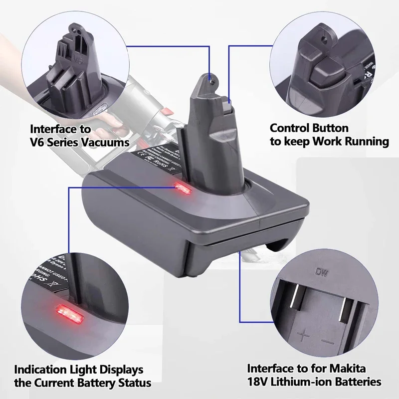 MT18V6 Battery Converter Adapter For Makita 18V Li-ion Battery Convert To For Dyson V6 V7 V8 Cordless Vacuum Cleaners Tool Use