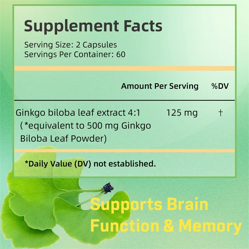 Ginkgo Biloba - Brain Enhancer, Helps Maintain Brain Power, Energy, Memory, Concentration, Anti-Fatigue, Antioxidant