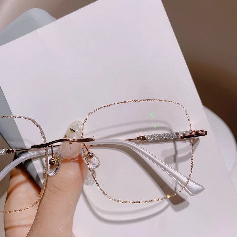 Anti Blue Light Glasses Women Myopia Glasses Eyeglasses Computer Glasses with Diopters 0 To -4.0 Shiny Rimless Frame Glasses