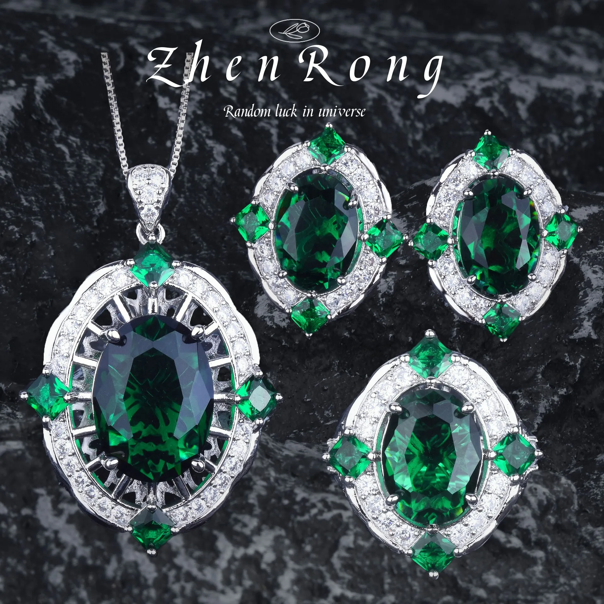 Luxury Silver Color Jewelry Sets For Women Green Gemstone Emerald Rings Pendant Necklaces Stud Earrings Wedding Fine 2023 New