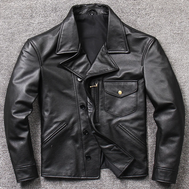 

Luxury authentic men's leather Jaet men's retro motorcycle Sle lapels long Sve windproof leisure motorcycle jacket.