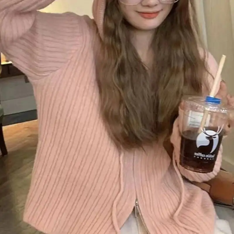 

American Retro Hooded Knitted Women Autumn Chic Double Zipper Short Sweater Coat Fashion Streetwear Drawstring Cardigan