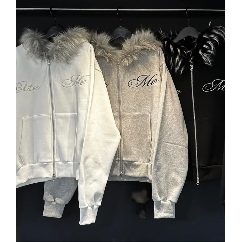 ティエンエド刺繍入りレターフード付きスウェットシャツ、秋冬新作、ストリート系、パーソナル、ファー裏地付き、韓国風、女性用...