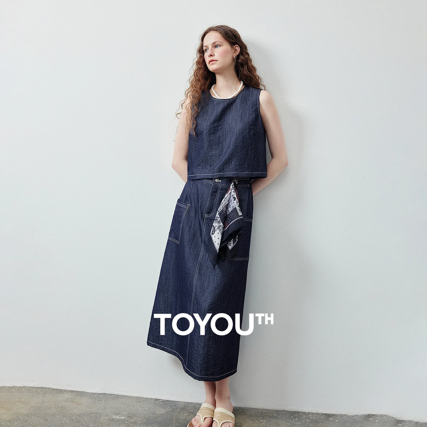 

TOYOUTH Women Two Piece Set Summer 2026 Sleeveless Crop Top Imitation Denim Wrinkled Slit Skirt Stylish Fashion Elegant Style