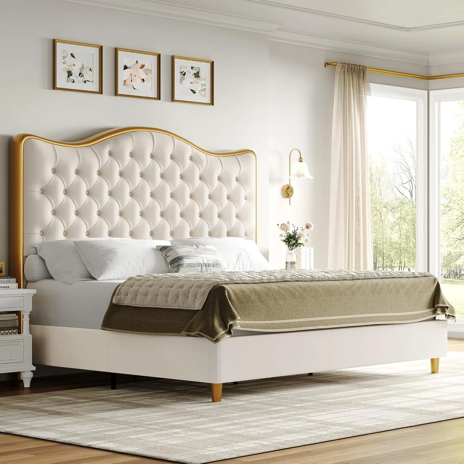 

Queen Size Platform Bed Frame with 55" Tall Curved Headboard, Modern Velvet Upholstered Bed Frame with Deep Tufted Button