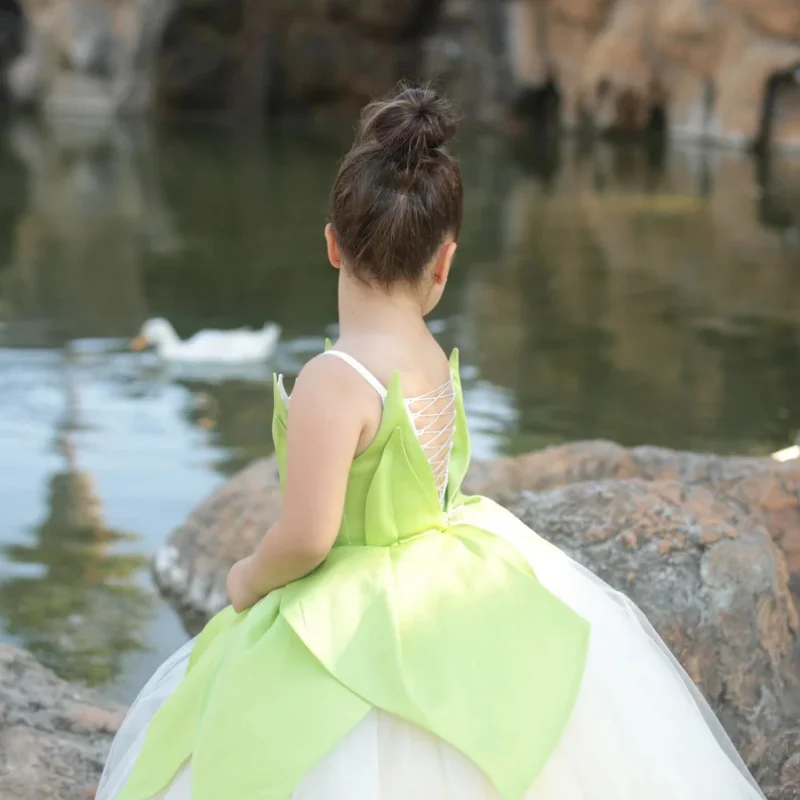 Costume de Cosplay Tiana pour Fille, Robe de Princesse, Tenue de ixd\'Halloween, Couleur Verte, Forme de Fleur, Barrage, Forêt, Elfe Dégradé