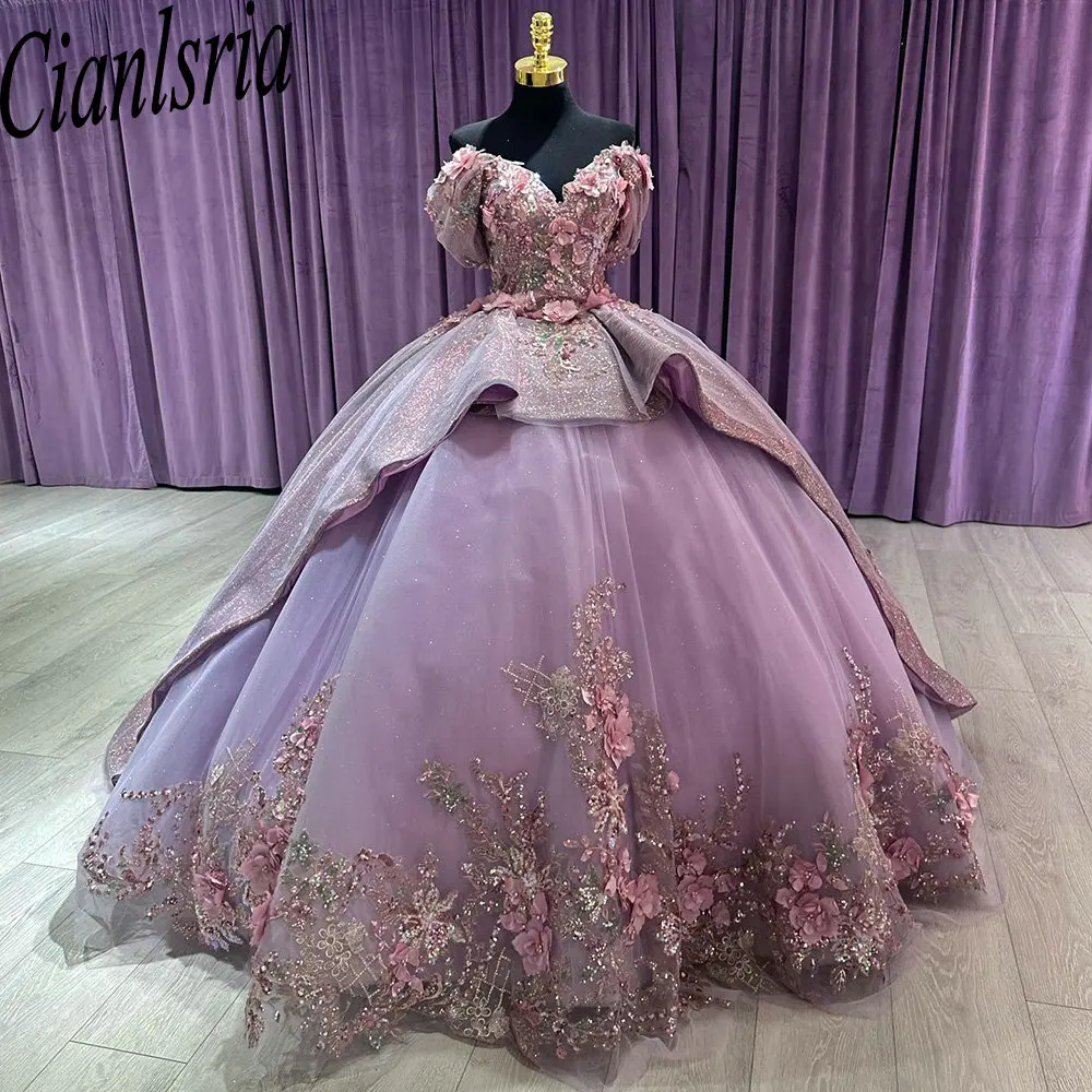 Vestido De quinceañera De encaje con apliques De lentejuelas y flores 3D lilas, vestido De baile sin hombros, corsé con volantes, 15 Años