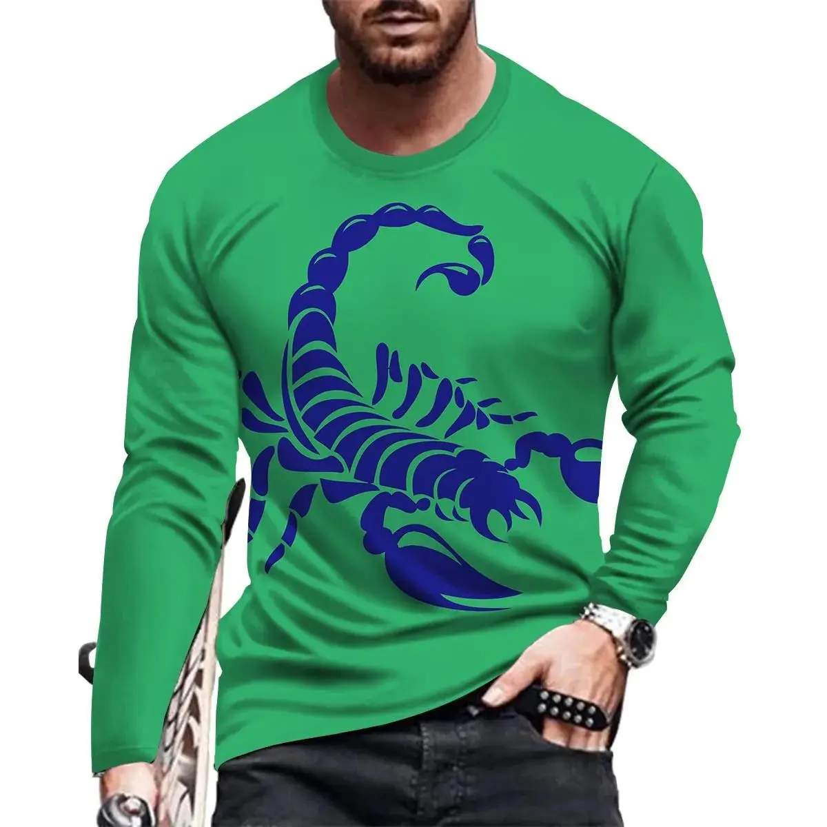 Men\'s Fashion O Collar Long Sleeve Casual Personality Loose 3d Printed Fun Scorpion Print T-Shirt Up To Size Breathable Top