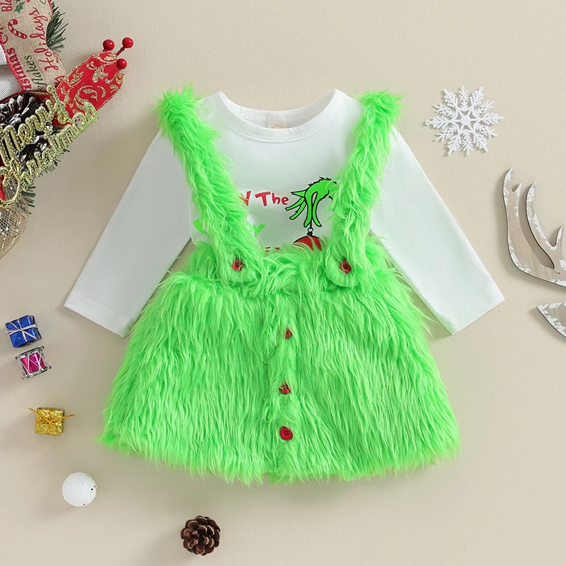 Newborn Baby Christmas Costume Long Sleeve Who Stole Christmas Romper Furry Suspender Skirt Set Green Monster Outfit