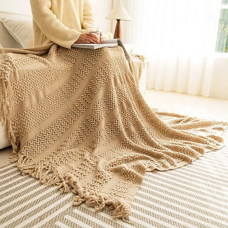 Khaki Knit Throw Blanket Tassels Couch Decoration Boho Vintage Cozy Gift Blanket Luxury Soft Throw Bedspread Blanket Drop Ship