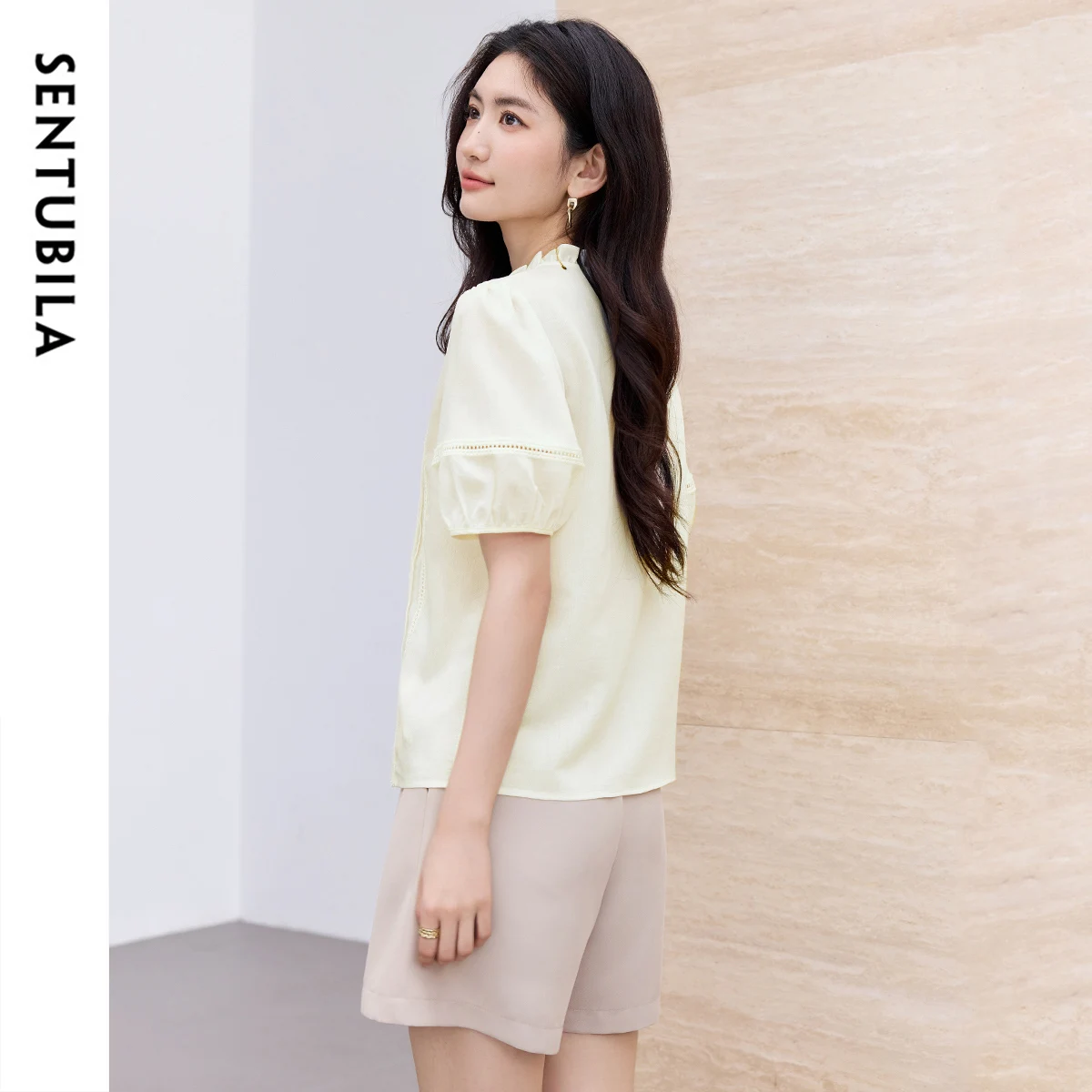 

SENTUBILA Women Summer V-Neck Shirts 2025 Office Lady Apricot Chiffon Lace Spliced Blouse Lantern Short Sleeve Tops 152VA0093