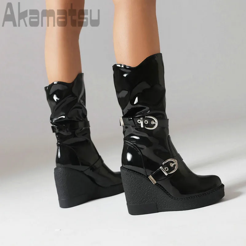 

Punk Fashion Autumn Winter Boots New Round Toe Thick Bottom Slope Heel Ultra High Heel Belt Buckle Knight High Barrel Boots