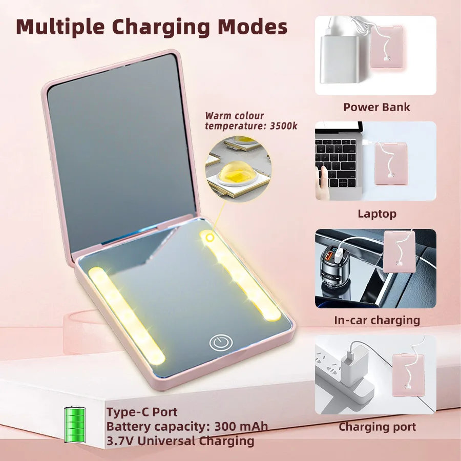 LED 3-Color Dimmable Double-Sided Mirror (HD + 2x) - Ultra-Thin Foldable, Ins Style, Travel Touch-Up, Gift for Women