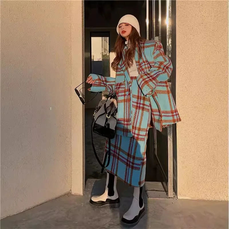 Checkered Suit Jacket for Women\'s Autumn/Winter 2024 Hong Kong Style Retro Small Fragrant Half Skirt Two-piece Set Trendy Trendy