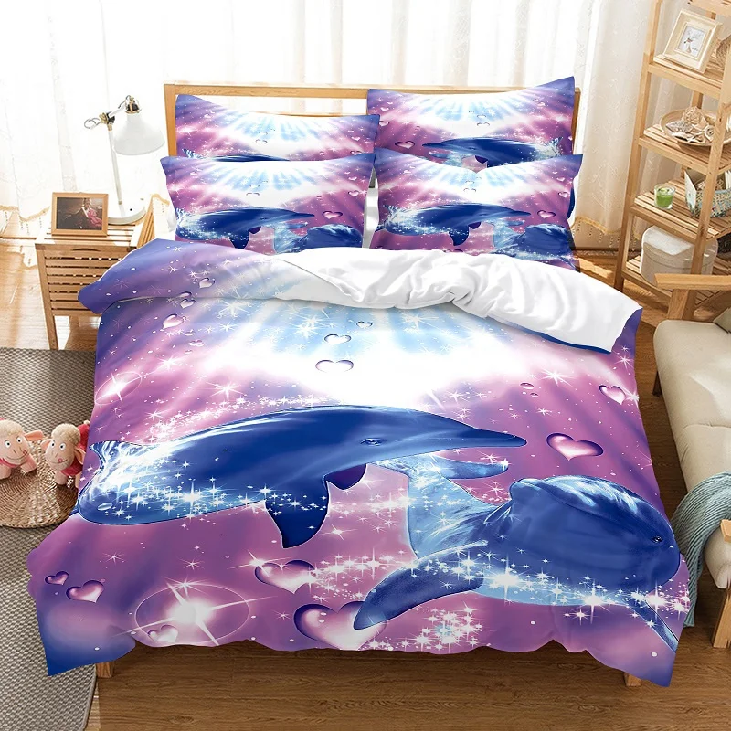 Lovely Dolphin Duvet Cover Set Ocean Animal Fashion Bedding Set Linen Queen Size Bed Comforter Cover Set Boy Girls Bedding Set