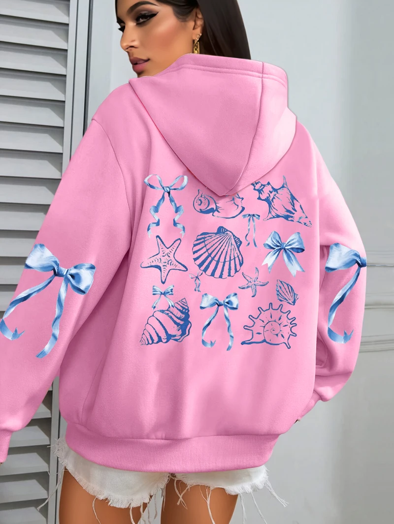 Sea Star Scallop Conch Bow Printed Sweatshirt Women Fleece Casual Loose Pullover Hip Hop Clothes Unisex Trendy Tops