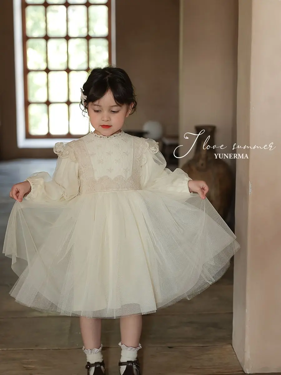 

Темпераментное кружевное пышное платье из пряжи для девочек, новое платье принцессы на весну и осень, марлевое платье, юбка на день рождения