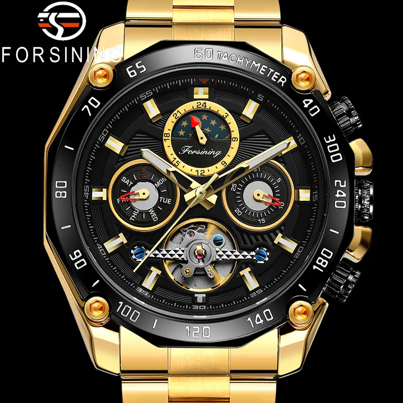 

Forsining Top Brand Tourbillon Automatic Mechanical Men Military Sport Male Full Stainless Steel Luxury Gold Classic Wrist Watch