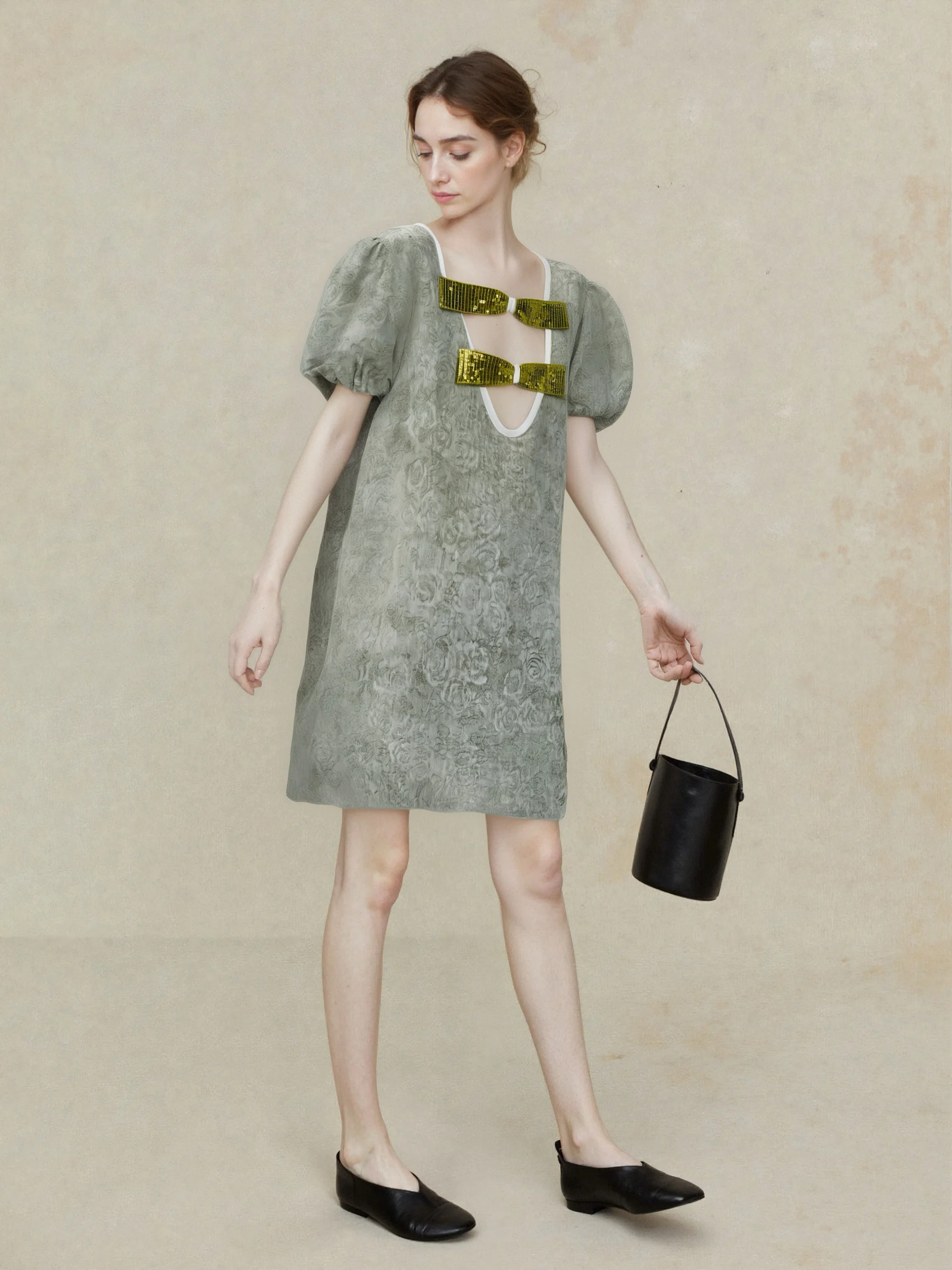 

Женская модная одежда LASS LIZ, оригинальный дизайн, лето 2025, с принтом, V-образный вырез, А-силуэт, рукав-фонарик, в китайском стиле