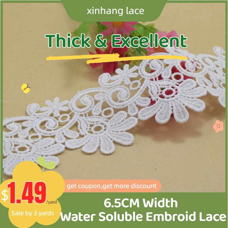 

3yards 6.5cm white polyester embroidery lace french lace ribbon fabric guipure diy trims wedding lace sewing Accessories#3830