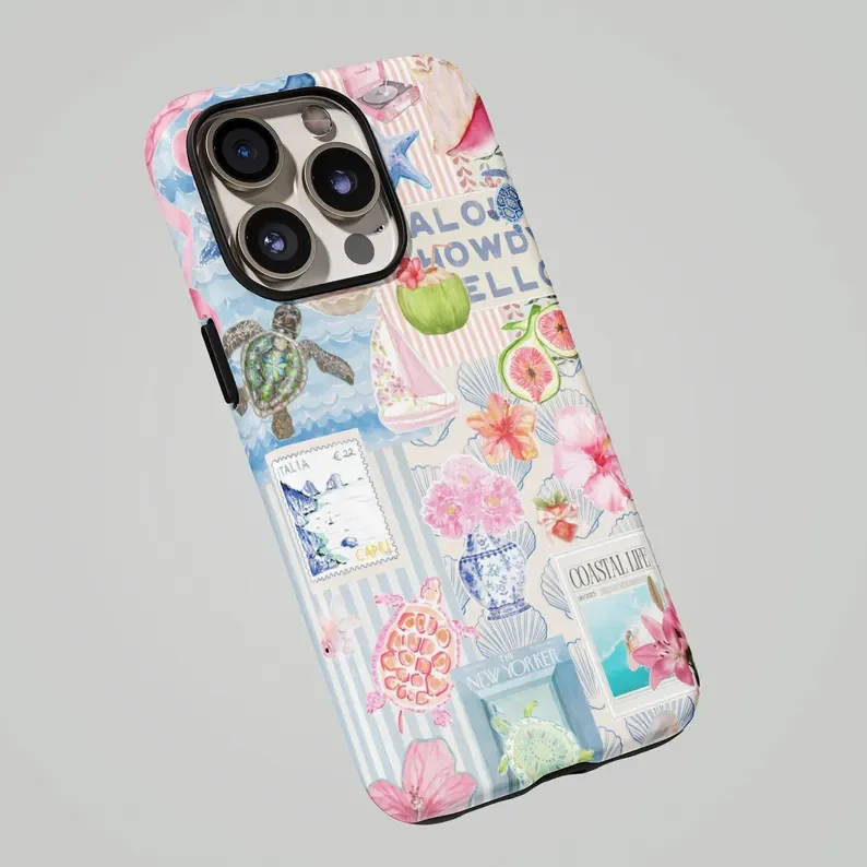 Etui na telefon Beachy Blue Coquette Coastal Collage do iPhone'a 17 16 15 14 13 12 11 Air Pro Max Plus, luksusowa dwuwarstwowa obudowa — zdjęcie produktu 4
