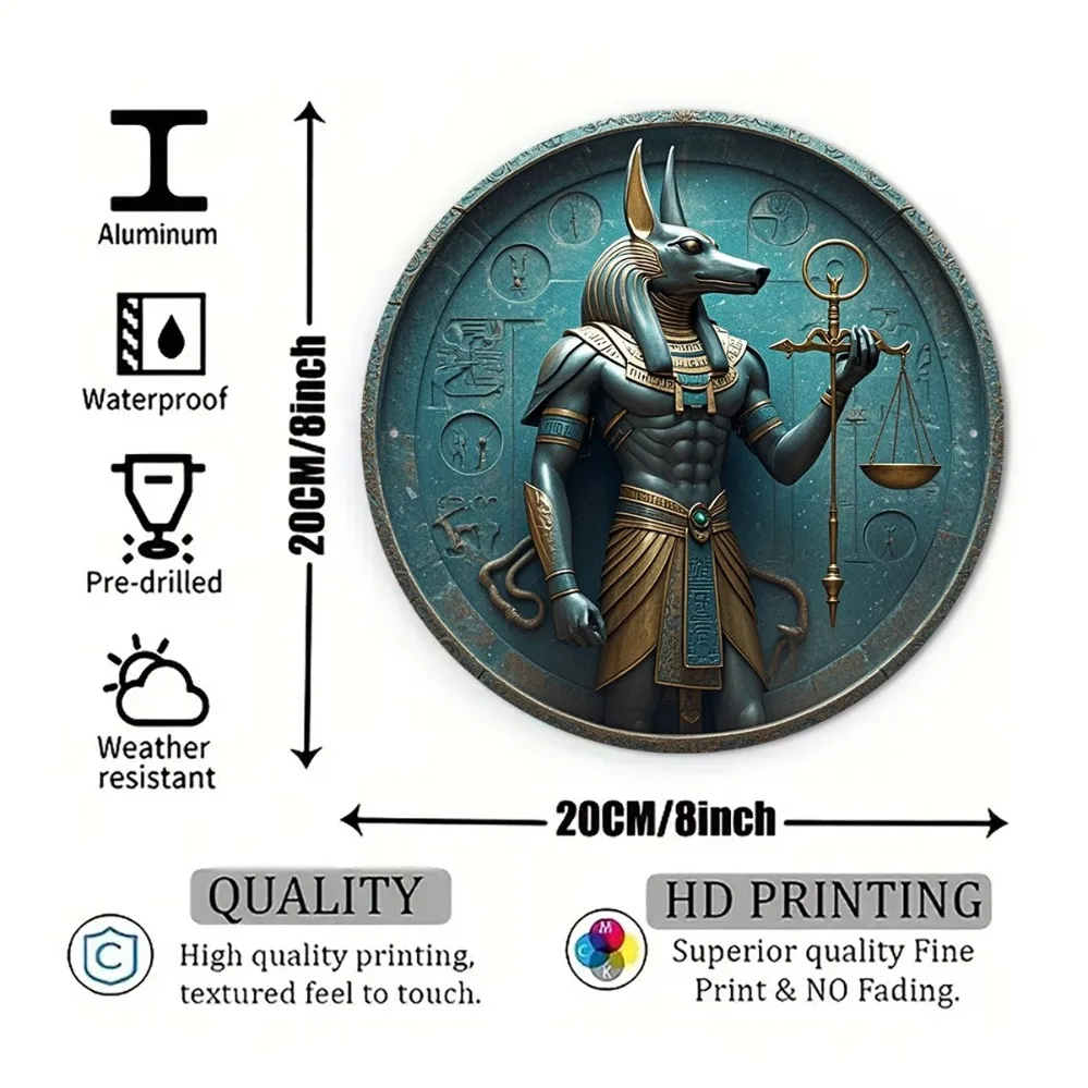 2D Metal Sign, Ancient Egyptian Anubis Wall Decor, Retro Metal Plaque with Hieroglyphics, 8x8 Inch Aluminum for Home Office Cafe