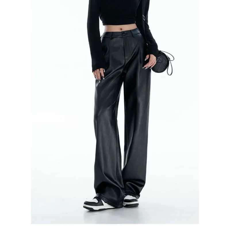 

Leather Pants Women's Autumn New Straight Casual Pants Soft PU Leather Personalized Loose Wide-leg Pants