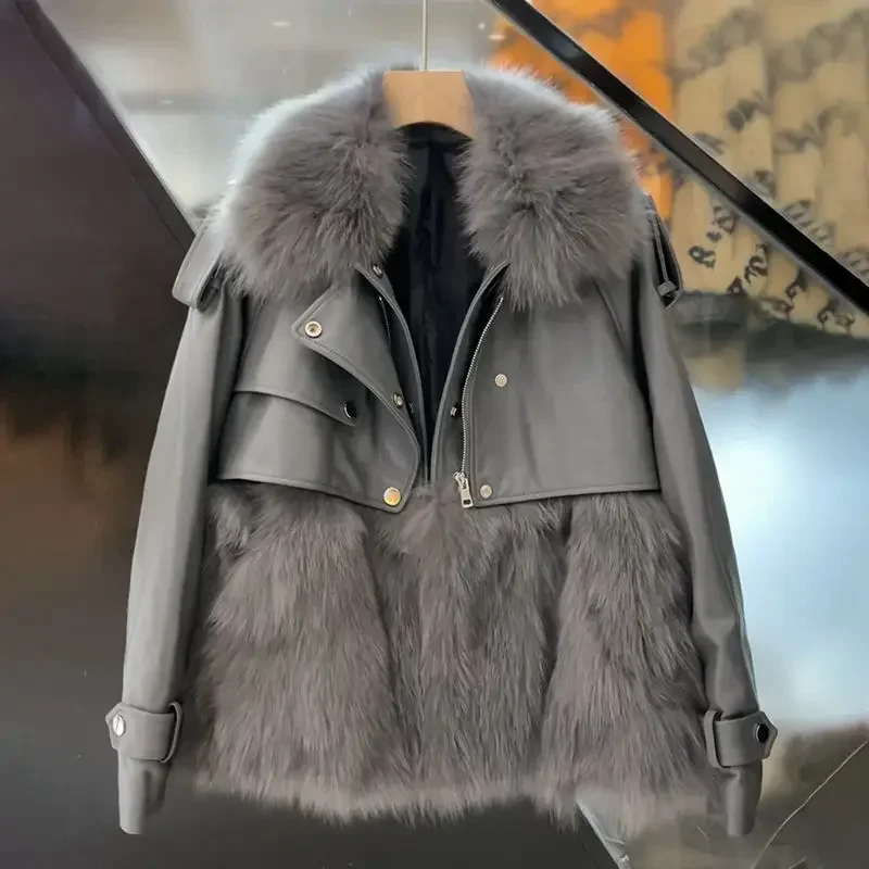 Winter Elegant Women Faux Fur Coat Patchwork Fur Collar Fur Leather Jacket Green Warm Fuzzy Outerwear Luxury Short Jacket 2024