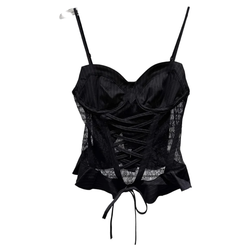 Sexy Lace Trim Fibone Waist Cinching Strap Vest Top Trendy Bal ort Length Pure Color Women's Csole Tank Top