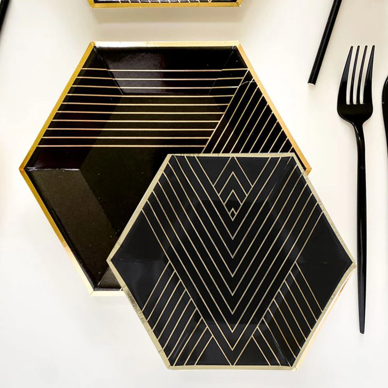 Black Series Gold Blocking Disposable Tableware Party Paper Plates Napkins Cups Straws Birthday Party Wedding New Year Decor