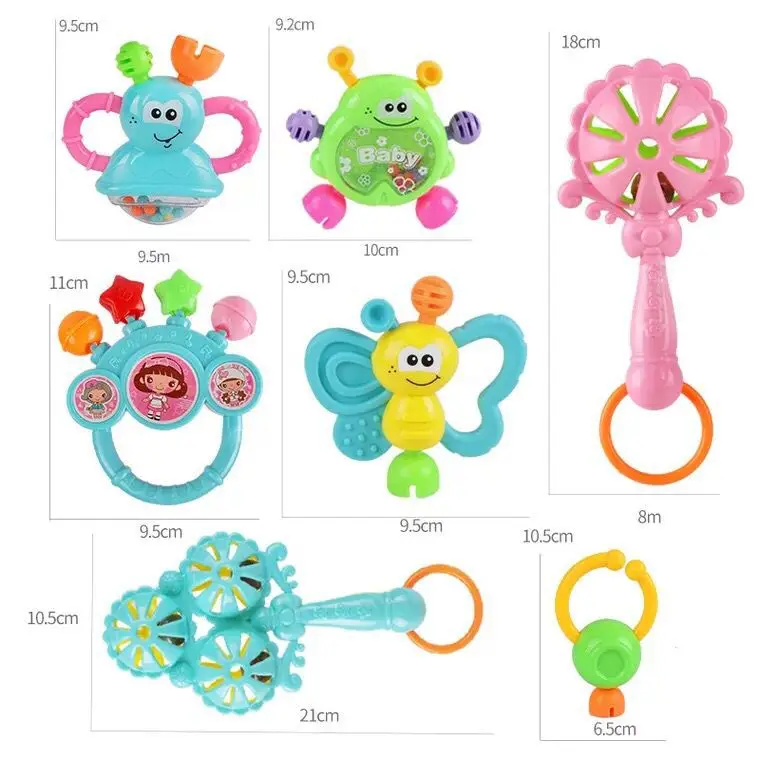 ABS chocalhos Hand Bell para crianças, brinquedos infantis do bebê, crianças recém-nascidas, jogos de desenvolvimento, 0-12 meses, 7pcs por lote