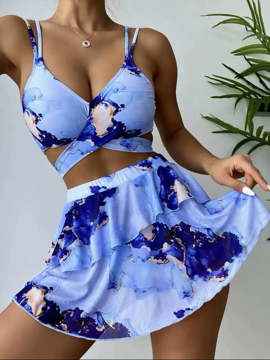 Bikini Three Piece Cover Up Swimsuit For Women Sexy Floral Printed Swimwear Push Up High Waist Beach Skirt-Style Bikini Set 2024