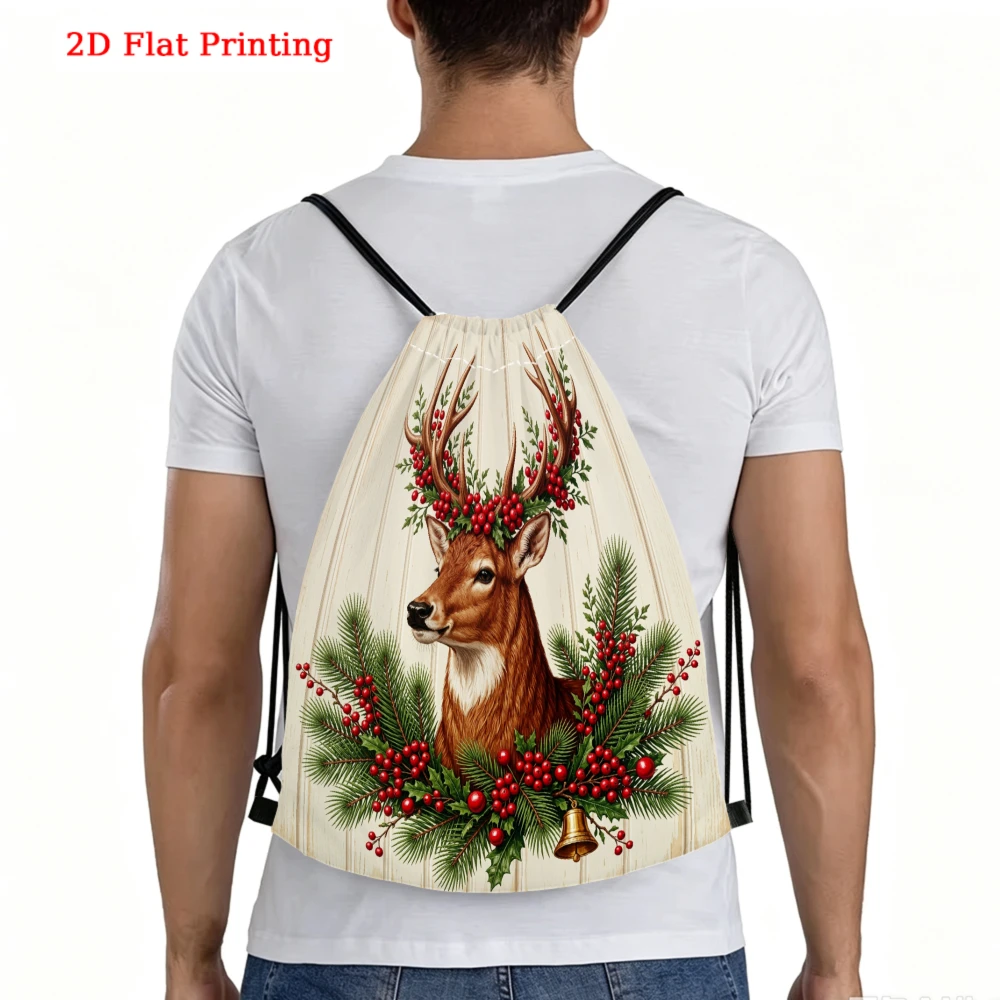 Christmas Style, Drawstring Backpack, 2D Flat Printing Festive Deer Pattern, Gym Sports Bag, Outdoor Travel Cinch Sack