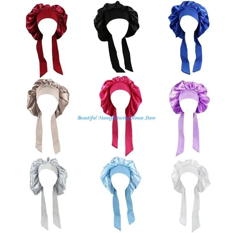 

E56A Women Satin Polyester Silky Bonnet Cap Night Sleep Hat Shower Hair Cover Wrap