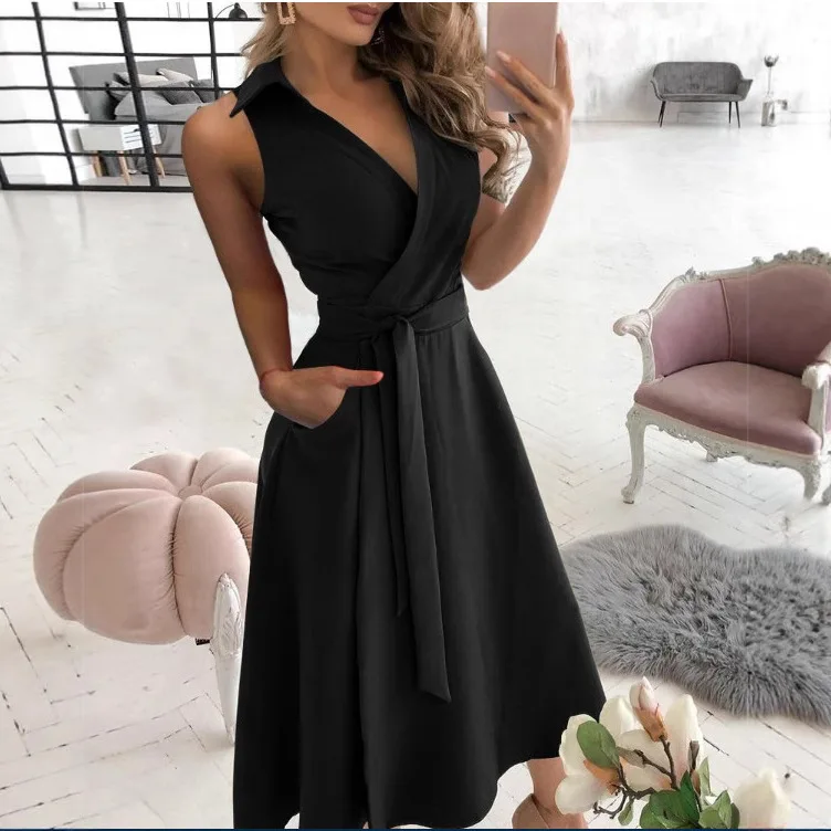 

Women's Lapel Sleeveless Dress Summer Fashionable V-neck Solid With Belt Elegant Office Lady Dressess Robe
