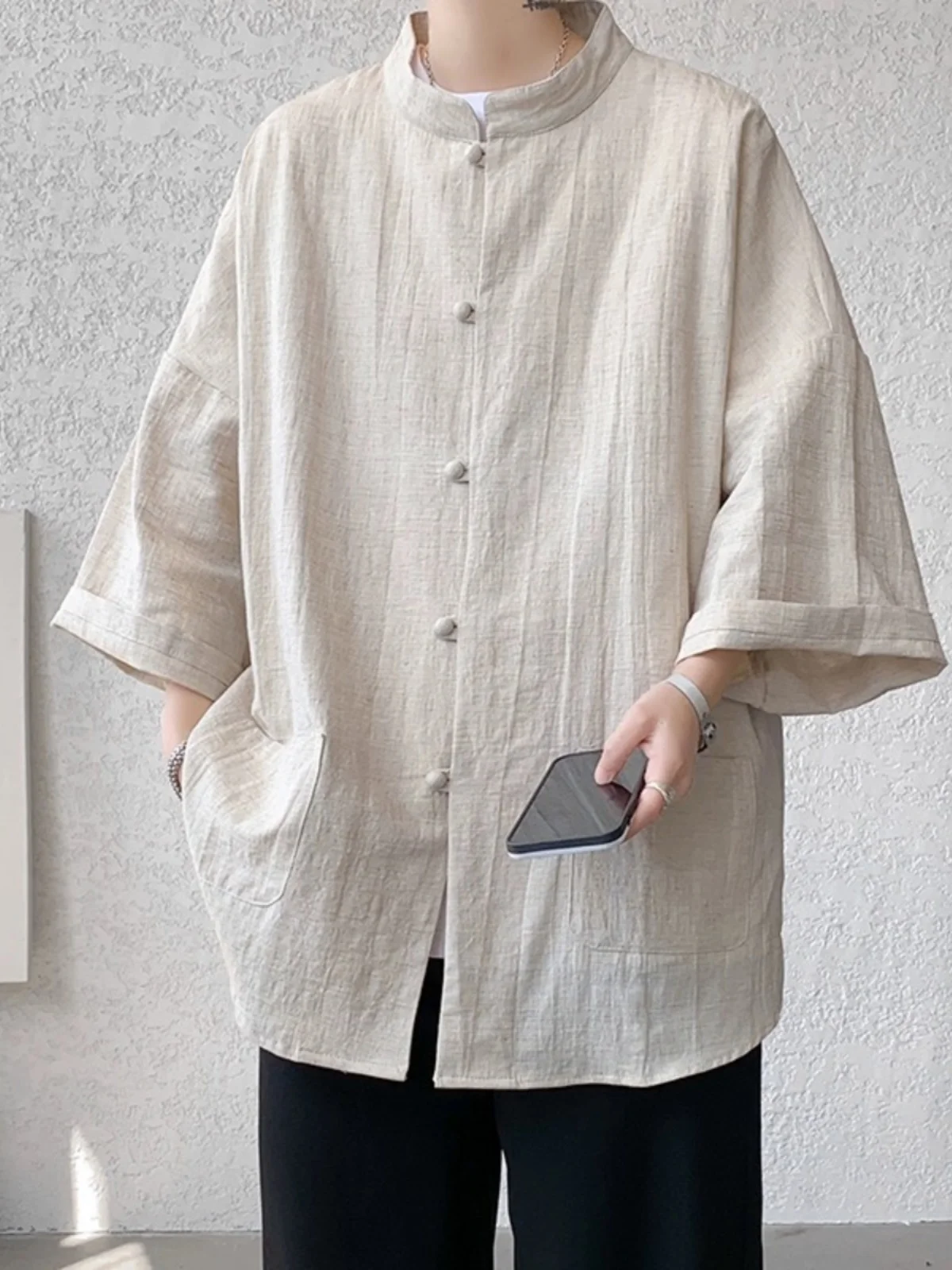 

New Chinese Sle Linen Cotton ort Sve irt Men's Summer Faion Loose Fit Youthful ular Pure Color Button down Coat