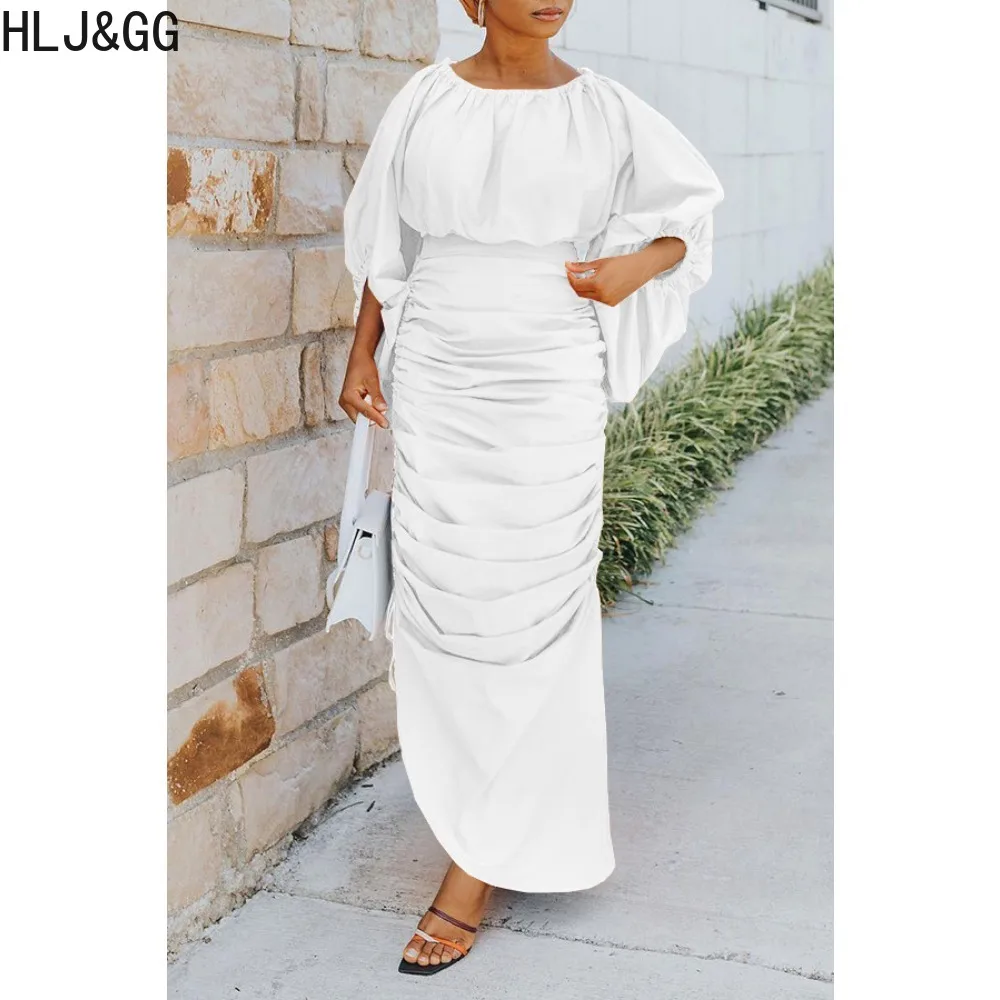 HLJ&GG Fashion Ruched Design Irregular Mid Dress Women Round Neck Lantern Sleeve Solid Color Slim Vestidos Elegant Lady Clothing