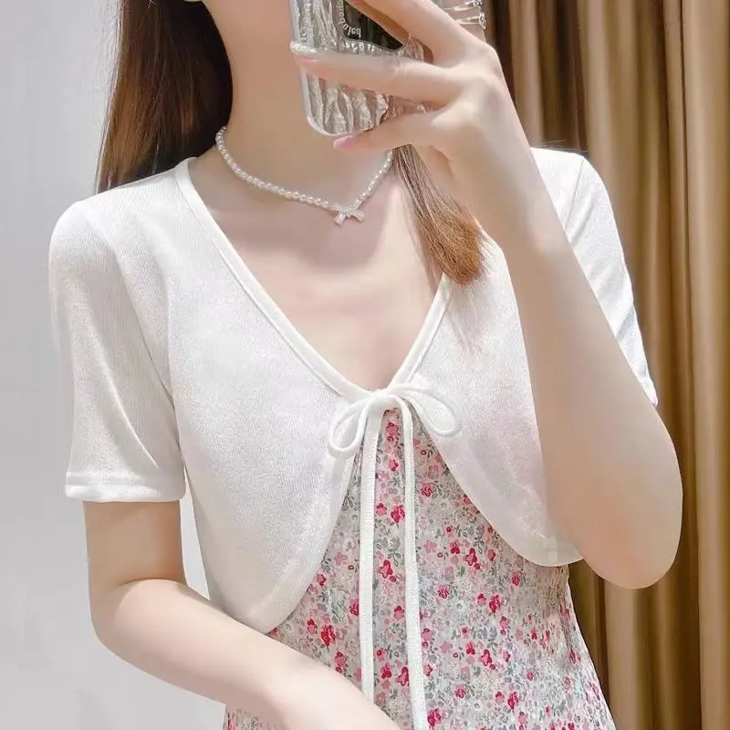 Women's cardigan short sleeve vest, solid color short sleeve cardigan, Korean fashion, knitted shoulder reduction, summer wear,