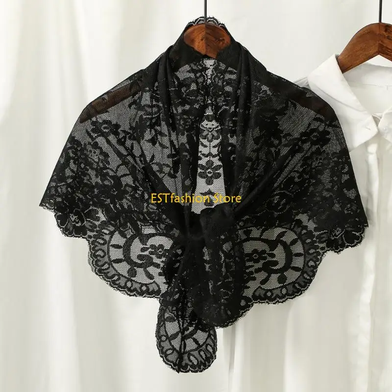 

Y5GC Delicate Lace Mantilla Headscarf Foldable Covering for Travel Casual Use