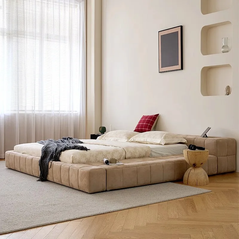 Wabi-sabi wind leather bed simple modern double bed small square minimalist lattice bed master bedroom Internet celebrity tatami