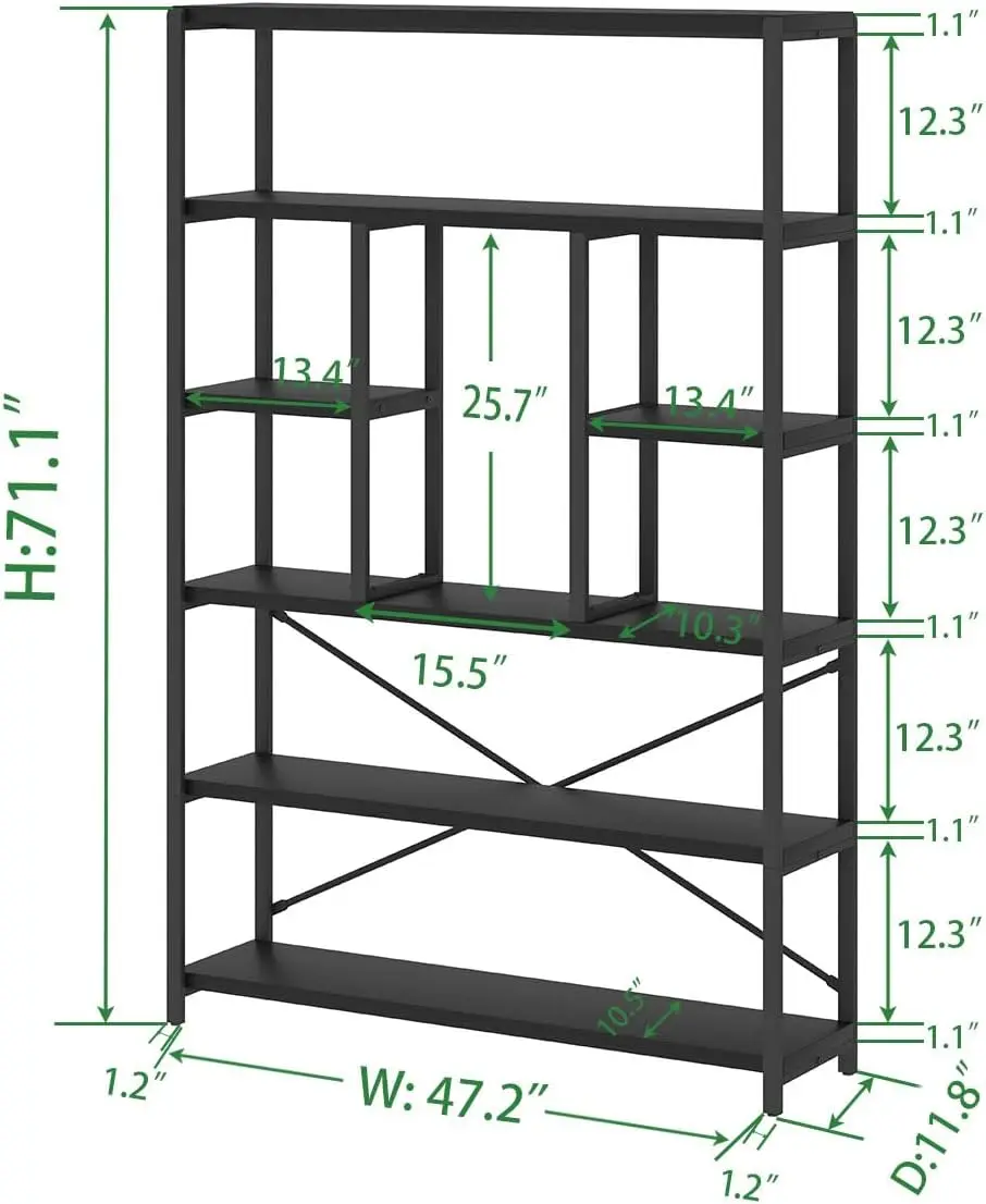 6 Tier Tall Black Bookshelf, Modern Large Wide Book Rack Storage, Industrial Wood Metal Etagere 6 Shelf Bookcase