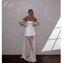 Kyoto Customized Strapless White Satin Wedding Dress Detachable Long Lace Train And Sleeves vestidos de novia Zip Back Formal