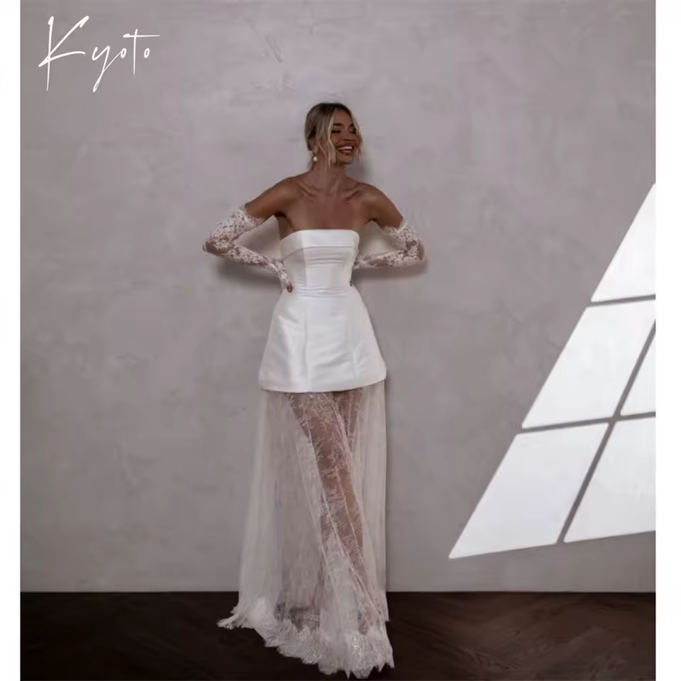 Kyoto Customized Strapless White Satin Wedding Dress Detachable Long Lace Train And Sleeves vestidos de novia Zip Back Formal - AliExpress 