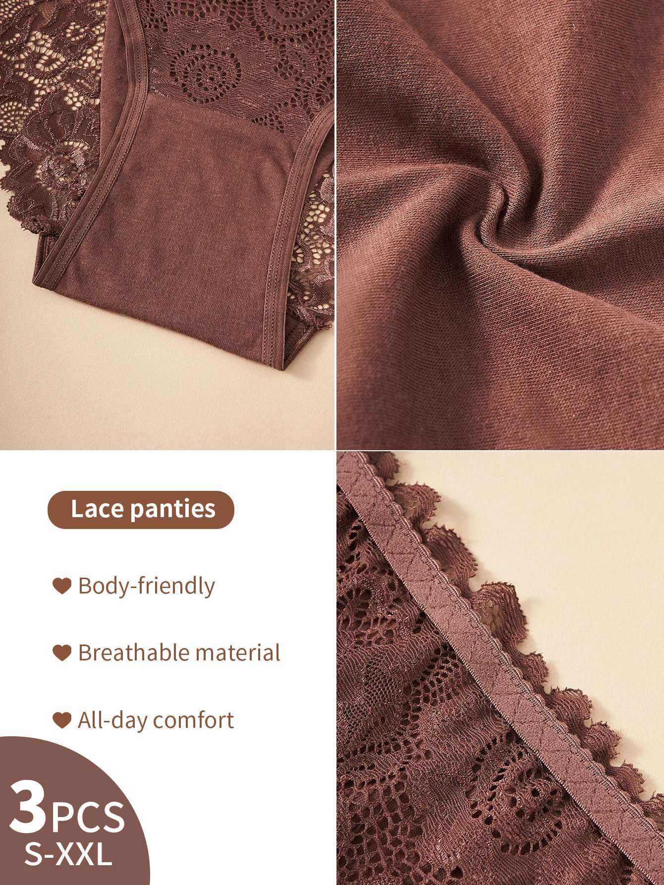 3 قطعة سراويل نسائية قطنية جديدة أنيقة من الدانتيل بتصميم زهور سراويل داخلية مريحة من القماش بلون سادة ملابس داخلية أنيقة وجيدة التهوية