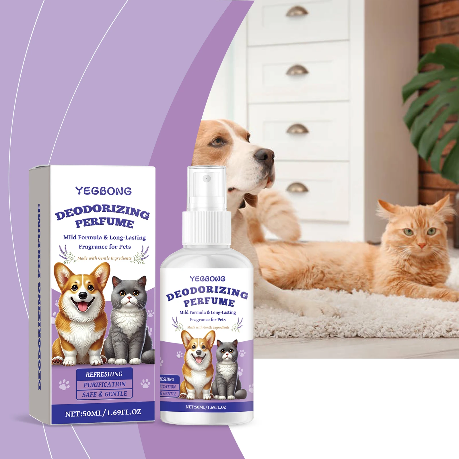 Pet Deodorizing Spray For Cats & Dogs, Activated Carbon Peppermint Extract, Remove Pet Body Odor, Long Lasting Fresh Scent, Mild Pet Perfume Spray, Freshen Indoor Air